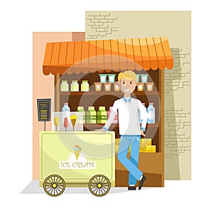 Street counter and trolley with delicious ice cream and seller