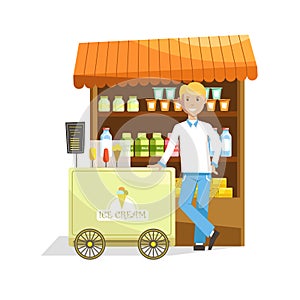 Street counter and trolley with delicious ice cream and seller.
