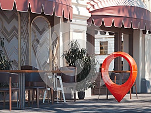 Street cozy restaurant with red geotag or map pin. 3d rendering