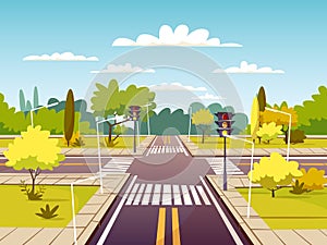 Street crossroad vector cartoon illustration of traffic lane and pedestrian crossing or crosswalk with marking