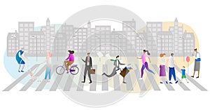 Street crowd vector illustration. Businessman, family, woman with dog and elder people walking or hurry running in urban city.