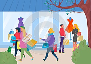Street with customer people hold sale bag, vector illustration, flat man woman shopper character with fashion retail