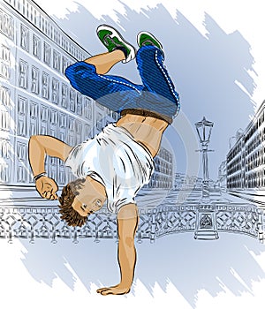 Street dancer on city abstract background