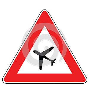 Street DANGER Sign. Road Information Symbol. Approach to a place where the route may be overflown  at low altitude  by planes.