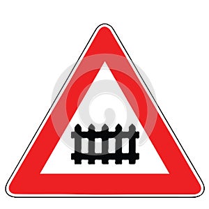 Street DANGER Sign. Road Information Symbol. Proximity of a level crossing with gates or barriers.