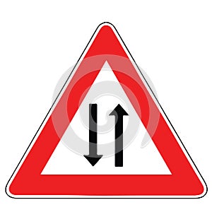 Street DANGER Sign. Road in which the traffic takes place in only one direction starts to serve traffic in both directions.