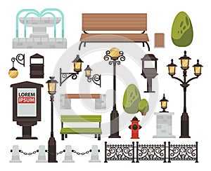 Street decor bench and streetlight bush and fence outdoor