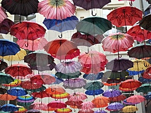 Street decorated with colored umbrellas