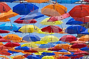 Street decorated with colored umbrellas. Agueda, Portugal