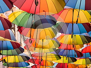 Street decorated with colored umbrellas in the center of Bucharest