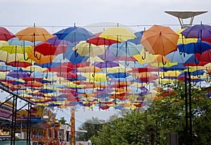 Street decorated with colored umbrellas in Odessa, Ukraine
