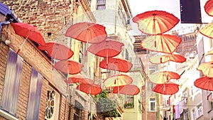 Street decorated colorful umbrellas in Balat district of Fatih