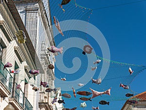 Street decoration of nets with fishes in Aveiro