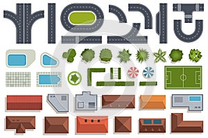 Street elements map top view. City landscape flat objects, highways segments, houses roofs, swimming pools, bushes and