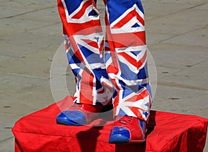 Street entertainer wearing Union Jack suit