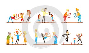 Street Entertainers Showing Performance with Juggling and Acrobatics Vector Set