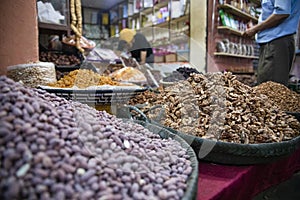 Street exhibition of nuts and other foods in a street shop in Beni Mellal (Morocco) where they sell dried fruits