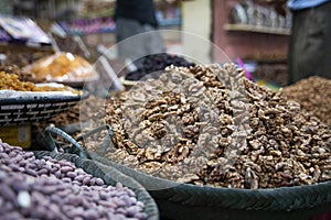 Street exhibition of a street shop in Beni Mellal (Morocco) where they sell dried fruits