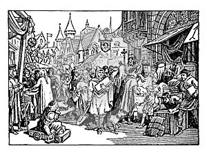 A Street Fair in 13th Century France vintage illustration