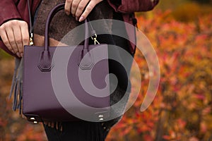 Street fashion concept. Stylish woman holding burghundy leather purse. Space for text
