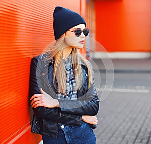 Street fashion concept - stylish woman in rock black style