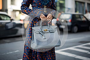 Street fashion detail woman flaunts Hermes Birkin handbag