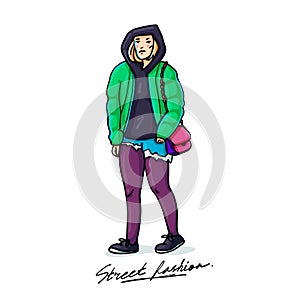 Street fashion. Stylish young woman. Sketch style illustration on white background. vector illustration.