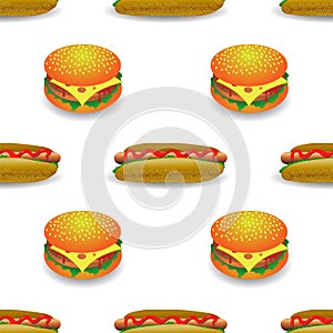 Street Fast Food Seamless Pattern. Fresh Hamburger and Hot Dog. Unhealthy High Calorie Meal. Set of Sandwiches