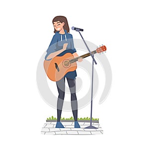 Street Female Musician Playing Acoustic Guitar, Live Performance Concept Cartoon Style Vector Illustration