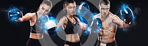 Group of three sportsmans, women and man boxers fighting in gloves on black background. Boxing and fitness concept. photo