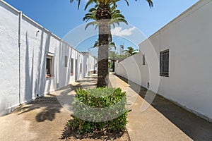 Street of the fishers village of Poble Nou del Delta with its typical white houses.