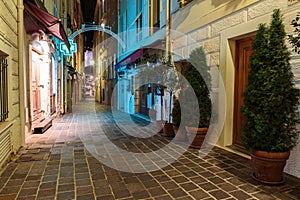 Street with flowers in the old town at night