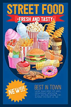 Street food advertising banner, vector realistic illustration of takeaway fast food