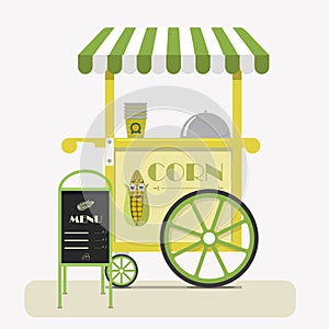 Street food cart with sweet corn. Flat vector illustration of a cute cart selling corn in cups at fairs, street, Park