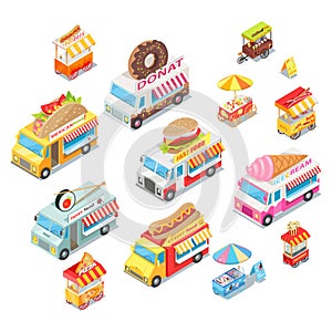 Street Food Eateries on Wheel Isometric Vector Set