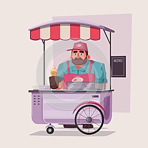 Street food or fast food hawker vendor truck. Cartoon vector illustration