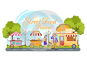 Street Food Festival Event Vector Illustration with People and Foods Trucks in Summer Outdoor City Park in Flat Cartoon Hand Drawn