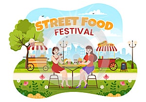Street Food Festival Event Vector Illustration with People and Foods Trucks in Summer Outdoor City Park in Flat Cartoon Hand Drawn