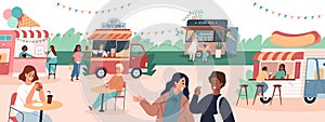 Street food festival. Gastronomic holiday in meal trucks park. Cartoon people buy snacks and drinks in mobile cafes photo