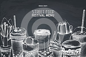 Street food festival menu on chalkboard. Vintage sketch collection. Fast food engraved style design. Vector drawing for logo, icon