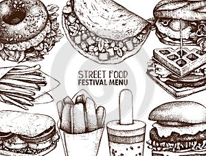 Street food festival menu. Vintage sketch collection. Fast food engraved style design. Vector drawing for logo, icon, label, packa