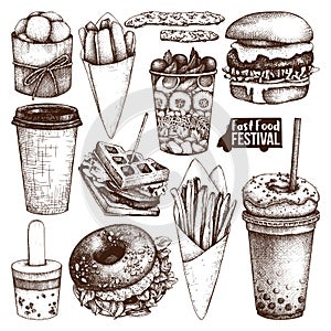 Street food festival menu. Vintage sketch collection. Fast food set. Engraved style design. Vector drink drawing for logo, icon, l