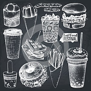 Street food festival menu. Vintage sketch collection. Fast food set. Engraved style design. Vector drink drawing for logo, icon, l