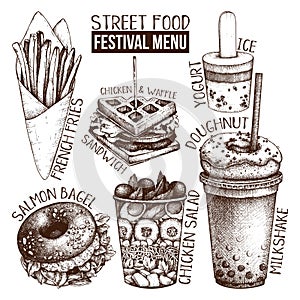 Street food festival menu. Vintage sketch collection. Fast food set. Engraved style design. Vector drink drawing for logo, icon, l
