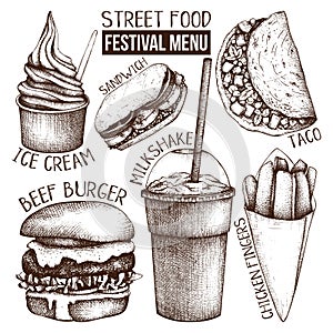 Street food festival menu. Vintage sketch collection. Fast food set. Engraved style template. Vector packaging design.