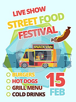 Street food festival poster flat vector illustration