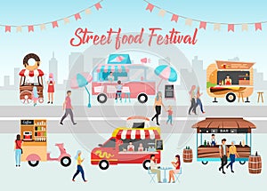 Street food festival poster vector template. Fast food fest. Brochure, cover, booklet page concept design with flat illustrations