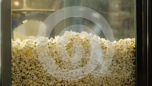 Street food. Fried salted popcorn for sale in a special machine in the center of Belgrade, close-up view. Greasy junk