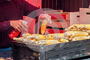 Street Food. Grilled Corn On The Cob, Mexican Elote.