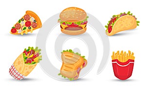 Street food hamburger, tasty sandwich, hot dog, pizza, french fries, tacos